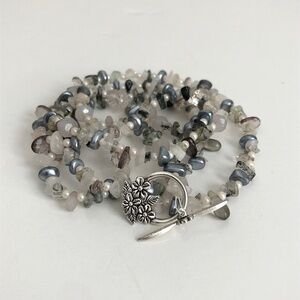 Long quartz, tourmaline, faux pearl and glass bead necklace - silver &  gray 34"